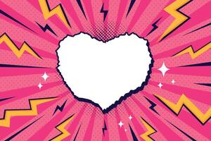 Bright pop art comic cover with zigzag thunder lightnings, rays and dots. Retro style dynamic background with empty torn paper heart shape for text vector