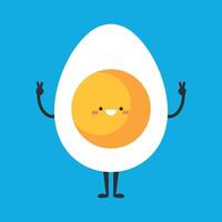 Cute cartoon egg character showing peace sign gesture. Funny egg mascot vector