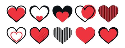 Set of red and black hearts icons in various shapes. Outline heart icons, sound wavy equalizer shape, pop art heart icon vector