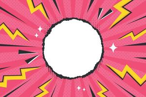 Bright pop art comic cover with zigzag thunder lightnings, rays and dots. Retro style dynamic background with empty torn paper circle for text vector