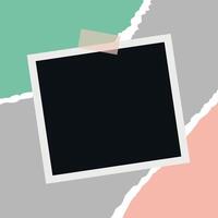 Photographic print taped with sticky tape on cut and torn paper background. Blank instant photo vector
