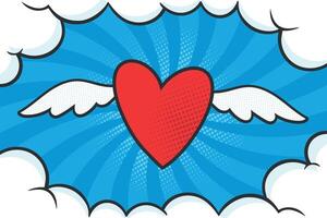 Red heart with white wings on sky background. Angel heart in pop art style vector