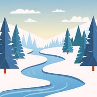 frozen river winding through a snowy forest vector