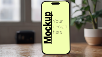 Mockup of a phone on a wooden table near a window psd