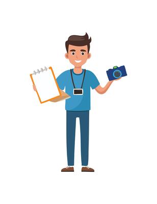 A character with a notepad and camera