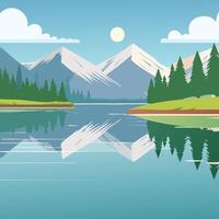 A tranquil lake reflecting snowy mountains and trees vector