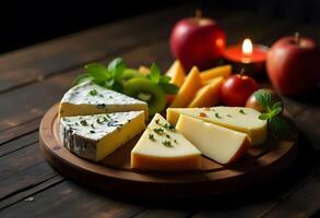 Variety of cheese blocks stacked on a plate. Cheese background with many pieces of yellow swiss cheese in a closeup. photo
