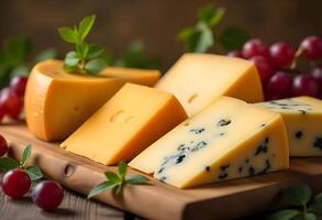 Variety of cheese blocks stacked on a plate. Cheese background with many pieces of yellow swiss cheese in a closeup. photo