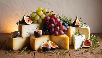 Variety of cheese blocks stacked on a plate. Cheese background with many pieces of yellow swiss cheese in a closeup. photo
