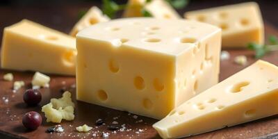 Variety of cheese blocks stacked on a plate. Cheese background with many pieces of yellow swiss cheese in a closeup. photo