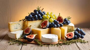 Variety of cheese blocks stacked on a plate. Cheese background with many pieces of yellow swiss cheese in a closeup. photo
