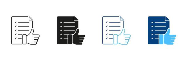 Check, Approve Agreement Line and Silhouette Icon Set. Thumb Up And Paper Document Pictogram. Confirmation, Customer Feedback Symbol. Editable Stroke. Isolated Illustration vector