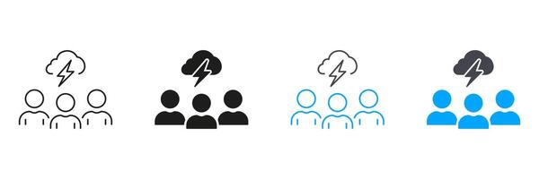 Creativity Work Symbol. Team Brainstorming Line and Silhouette Icon Set. Thunder Storm with Cloud and Lightning Above Group Of People Pictogram. Editable Stroke. Isolated Illustration vector