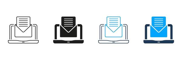 Laptop With Email Line and Silhouette Icon Set. Receive Digital Letter Pictogram. New Message Symbol. Envelope On Computer Screen Sign. Editable Stroke. Isolated Illustration vector