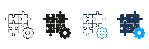 Business Development, Jigsaw Parts and Cogwheel Line and Silhouette Icon Set. Puzzle with Gear Pictogram. Team Strategy and Creative Solution Sign. Editable Stroke. Isolated Illustration vector