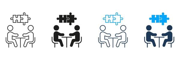 Business Management Line and Silhouette Icon Set. Puzzle and People Team on Meeting Pictogram. Teamwork Cooperation and Connection Sign. Editable Stroke. Isolated Illustration vector