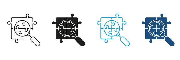 Puzzle Parts with Magnifier Line and Silhouette Icon Set. Teamwork Connection, Problem Solving Outline Sign. Editable Stroke. Isolated Illustration vector