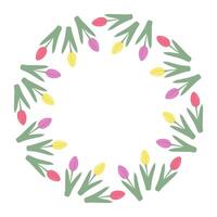 Colorful Tulips Circle shaped in trendy spring colors. Round Frame border with copy space. Template. Isolated illustration Greeting cards, posters, leaflets, banner, price, label or web promo vector