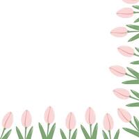 Bloom Tulips in trendy soft pink Corner frame border in spring shades. Womens Day Template concept. Copy space. Isolated illustration Greeting cards, leaflet, banner, label, media or web promo vector