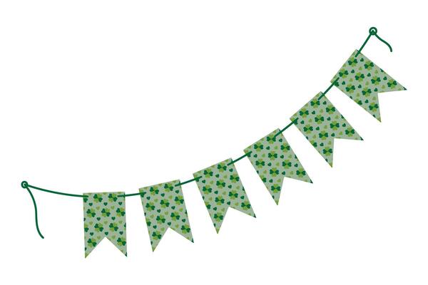 Pennants garland with quatrefoil clover pattern on a rope in monochrome green. St Patrick greetings. Isolated illustration Cards, poster, leaflet, banner, price tag, label or web promo