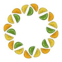 Lime, lemon and orange slices Round Frame border in trendy minimalist Pop Art Decorative Template. Copy space. Isolated illustration Cards, posters, leaflets, banner, price, label or web promo vector
