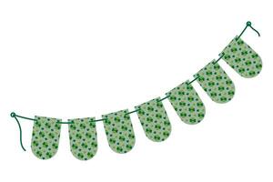 Rounded Festive Pennant garland on rope with quatrefoil clover and hearts in trendy monochrome green. Isolated illustration St Patrick Greeting card, poster, leaflet, banner, label or web promo vector