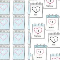 February, March, April 14 Calendar pages with festive date and heart shape stroke Seamless pattern Set of 2. Isolated illustration Wallpaper, wrapping or web promo, poster, banner, background vector
