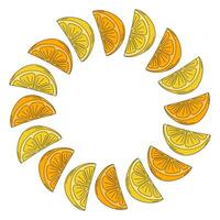 Lemon and orange slices in trendy Pop Art with black stroke. Round Frame border. Copy space Template. Isolated illustration Cover, posters, leaflets, banners, brochures, price tag, label or web vector