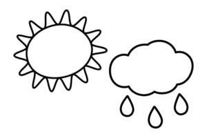 Outline cloud with drops and sun with rays Stylized hand drawn icons in trendy minimalism. Set of 2. Isolated illustration Icons, stickers, pointers, posters, cards, tags, labels or web promo vector