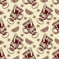 Mulled wine, lemon wedge, star anise, seamless pattern. Illustration in graphic style. For wrapping paper, textile, fabric, covers, craft packaging. vector