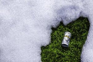 roll of us dollar banknotes on thawed green grass patch in the snow photo