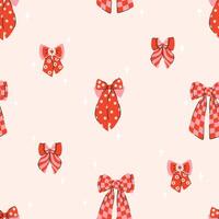 Retro seamless pattern of elegant bow knots in cage, with butterfly, stars and daisy flowers. Background with groovy charming red pink bows. Trendy fancy illustration in 70s vintage style vector