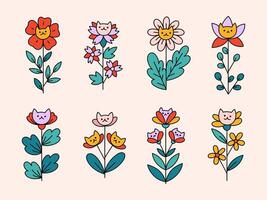 Retro set of field and garden flowers with cute cats. Fantasy plants hand drawn in doodle style for floral decoration. Collection of botanical simple plants vector