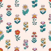 Retro seamless pattern of field and garden flowers with cute cats. Hand drawn fantasy plants doodle. Vintage boho print on beige background. Decorative botanical ornament in folk style vector