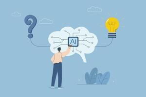 Using AI to solve problems and generate creative solutions, Working with robots, Businessman working with AI to find a solution to problem leading to the creation of a light bulb idea. design. vector