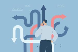 Confusion or decision about business approach, Difficult decision, Choosing the right direction, Finding the right business direction, Businessman thinking and making business decisions. . vector
