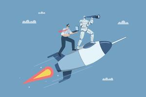 Collaboration of Human Resources with Artificial Intelligence, AI, Business Concepts for Developing and Moving Forward for Success, Businessman riding a rocket and robot looking through binoculars. vector