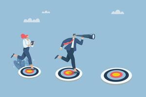 Businessteam with binoculars running on dartboard win success in achieving goal, Vision to overcome success, Business teams strive to achieve organizational goals. design illustration. vector