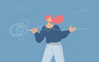 Complex problem solving process to simple problem solving concept, Problem solving skills by thinking of solutions, Businesswoman untangling a tangled rope into a simple straight line. design vector