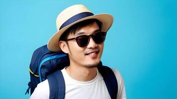 A happy young Asian tourist man, tourist man wearing beach hat, sunglasses and backpacks going to travel on holidays on blue background. Portrait of studio concept. photo