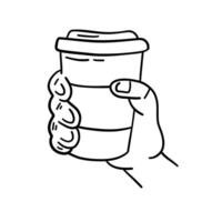 Hand holding a paper cup of coffee. illustration in doodle style. vector
