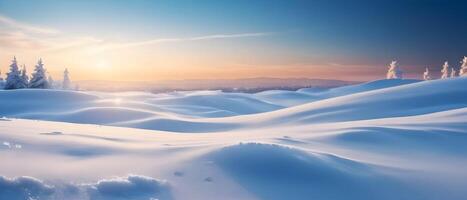Beautiful winter snowy background with, with beautiful light on the blue sky. photo
