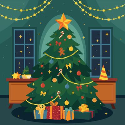 Christmas tree with gifts and garland. illustration in flat style
