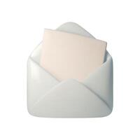 3D illustration of an open white envelope with blank card inside. Minimalistic and clean design, ideal for representing communication, invitations, or messages in branding, marketing vector