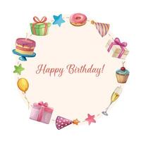 Birthday circular photo frame with different party and celebration elements vector