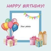 Birthday frame with photo composition for greeting card with party elements vector