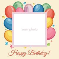 Birthday photo frame with colorful balloons for greeting card vector
