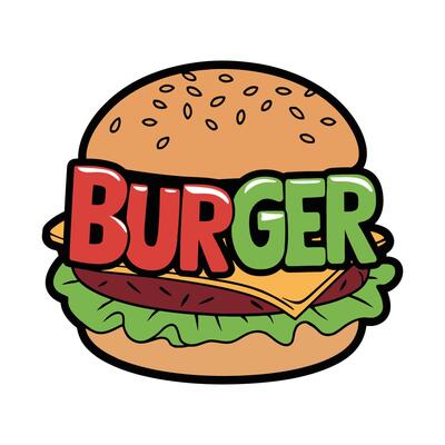 Cartoon Burger Illustration with Bold 'BURGER' Text