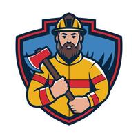 Firefighter Holding Axe Illustration in Shield Emblem vector