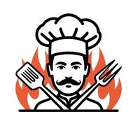 Chef with Grill Tools and Flames Illustration vector